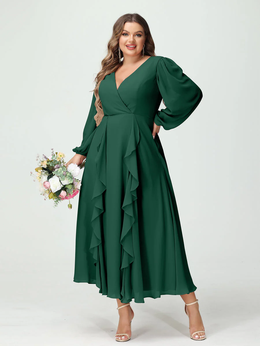 A-Line/Princess V-Neck Long Sleeves Chiffon Tea-Length Ruffles Plus Size Bridesmaid Dresses with Pockets - Image 11