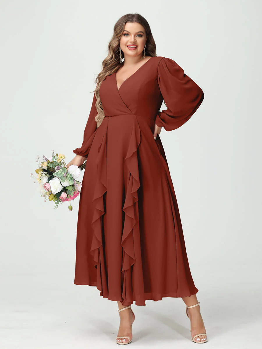 A-Line/Princess V-Neck Long Sleeves Chiffon Tea-Length Ruffles Plus Size Bridesmaid Dresses with Pockets - Image 13