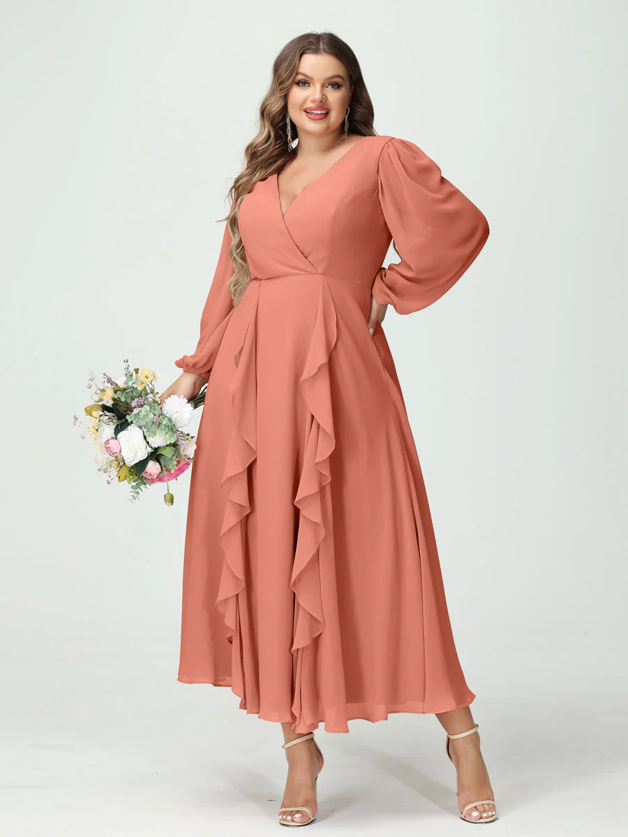 A-Line/Princess V-Neck Long Sleeves Chiffon Tea-Length Ruffles Plus Size Bridesmaid Dresses with Pockets - Image 15