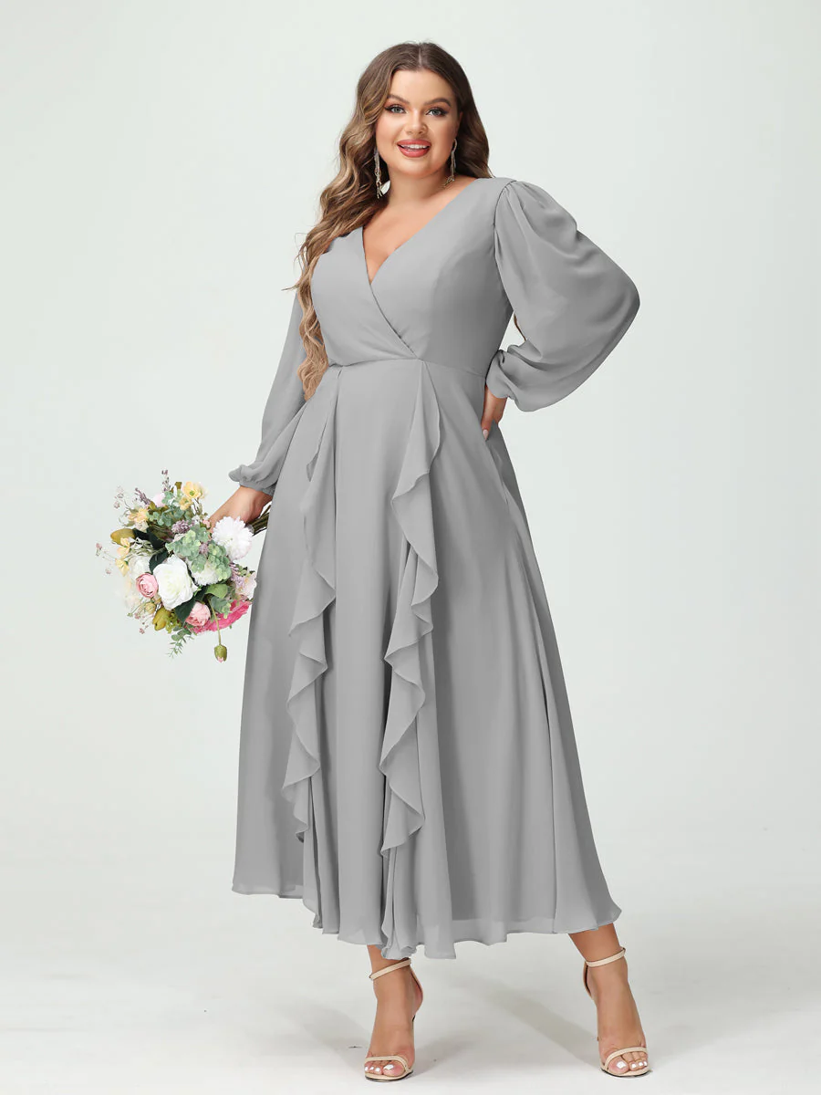 A-Line/Princess V-Neck Long Sleeves Chiffon Tea-Length Ruffles Plus Size Bridesmaid Dresses with Pockets - Image 22