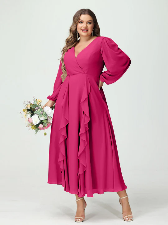 A-Line/Princess V-Neck Long Sleeves Chiffon Tea-Length Ruffles Plus Size Bridesmaid Dresses with Pockets - Image 35