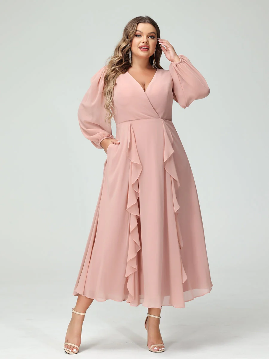 A-Line/Princess V-Neck Long Sleeves Chiffon Tea-Length Ruffles Plus Size Bridesmaid Dresses with Pockets - Image 4