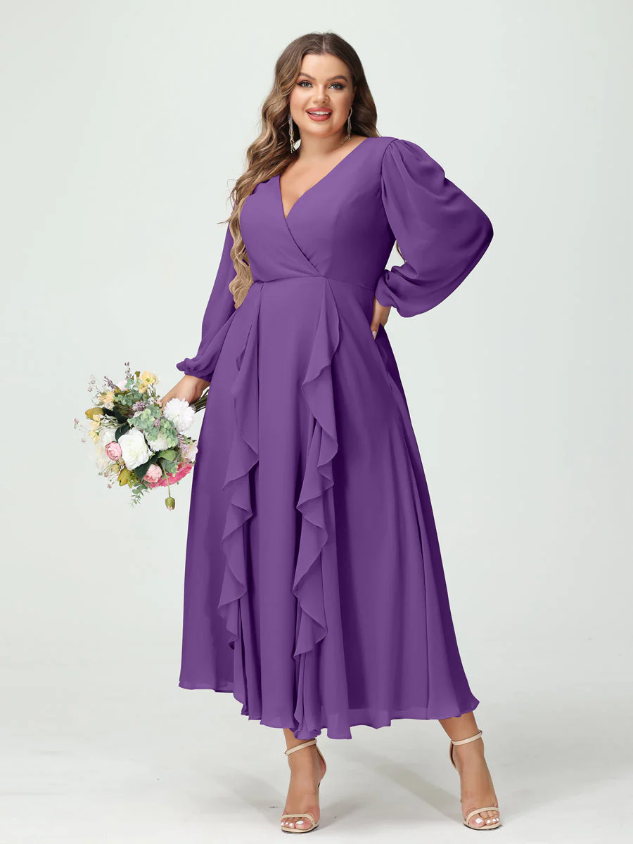 A-Line/Princess V-Neck Long Sleeves Chiffon Tea-Length Ruffles Plus Size Bridesmaid Dresses with Pockets - Image 42