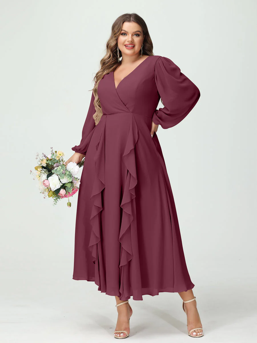 A-Line/Princess V-Neck Long Sleeves Chiffon Tea-Length Ruffles Plus Size Bridesmaid Dresses with Pockets - Image 43