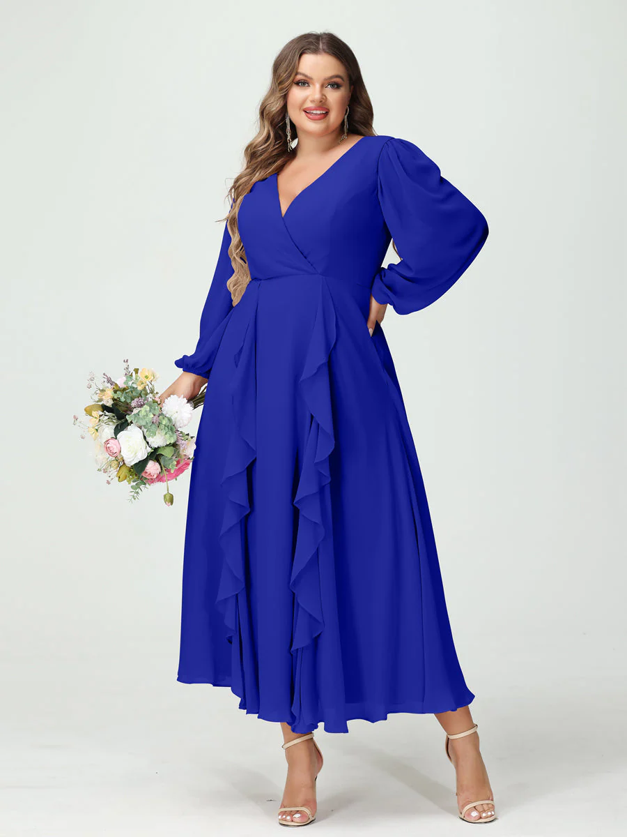 A-Line/Princess V-Neck Long Sleeves Chiffon Tea-Length Ruffles Plus Size Bridesmaid Dresses with Pockets - Image 55