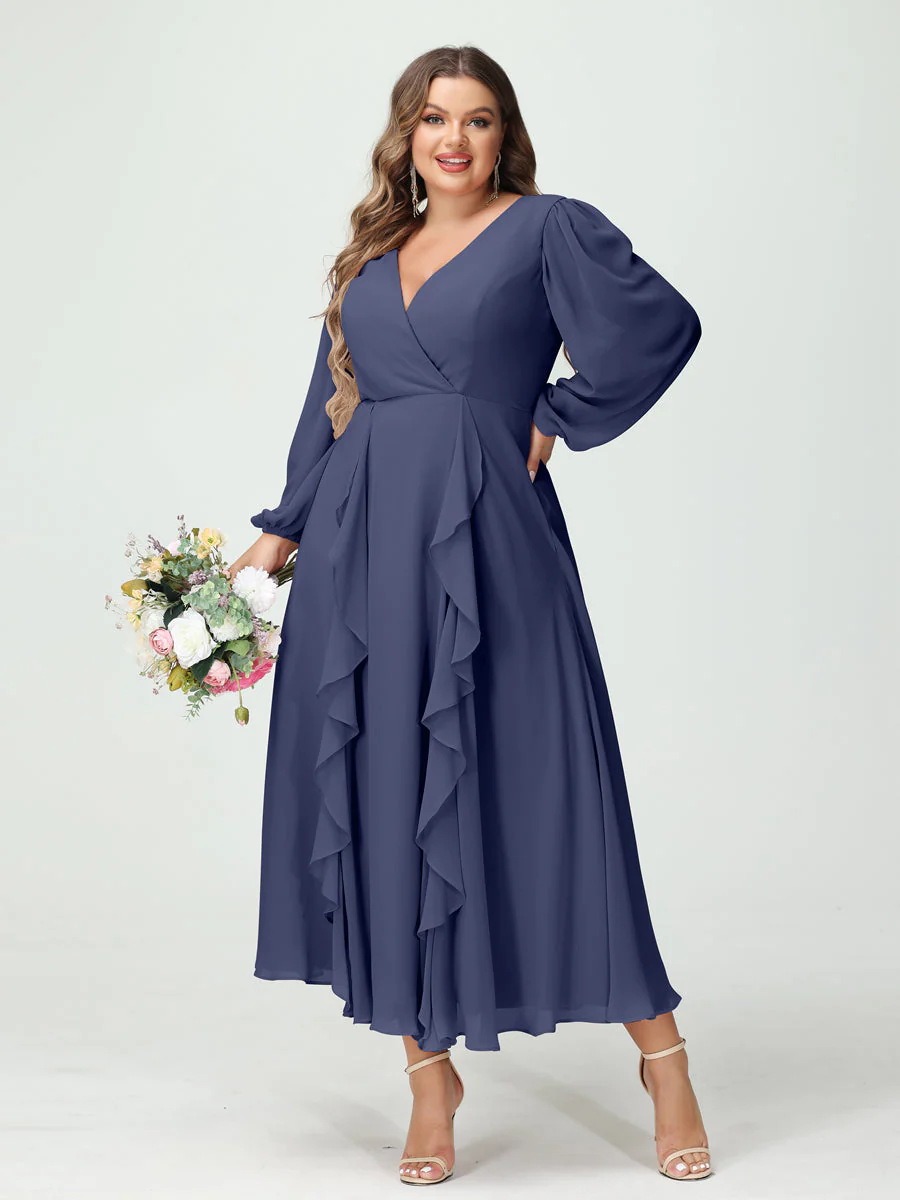 A-Line/Princess V-Neck Long Sleeves Chiffon Tea-Length Ruffles Plus Size Bridesmaid Dresses with Pockets - Image 57