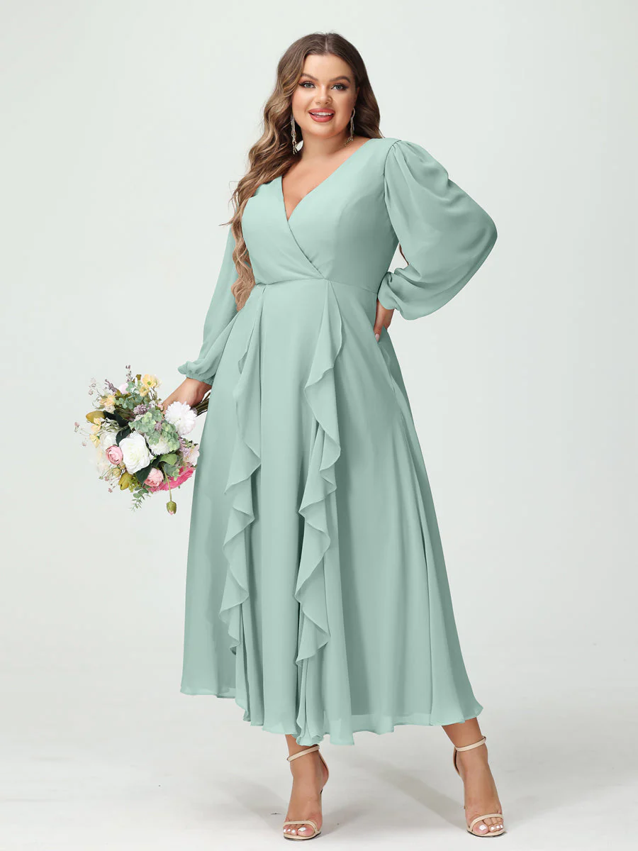 A-Line/Princess V-Neck Long Sleeves Chiffon Tea-Length Ruffles Plus Size Bridesmaid Dresses with Pockets - Image 60