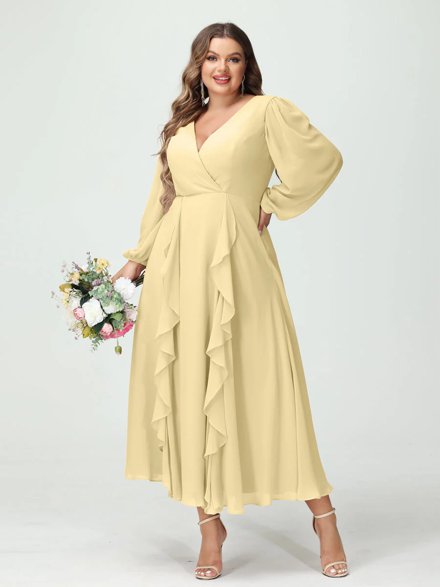 A-Line/Princess V-Neck Long Sleeves Chiffon Tea-Length Ruffles Plus Size Bridesmaid Dresses with Pockets - Image 68