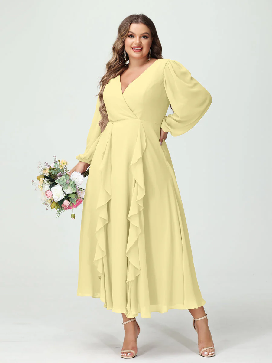 A-Line/Princess V-Neck Long Sleeves Chiffon Tea-Length Ruffles Plus Size Bridesmaid Dresses with Pockets - Image 69
