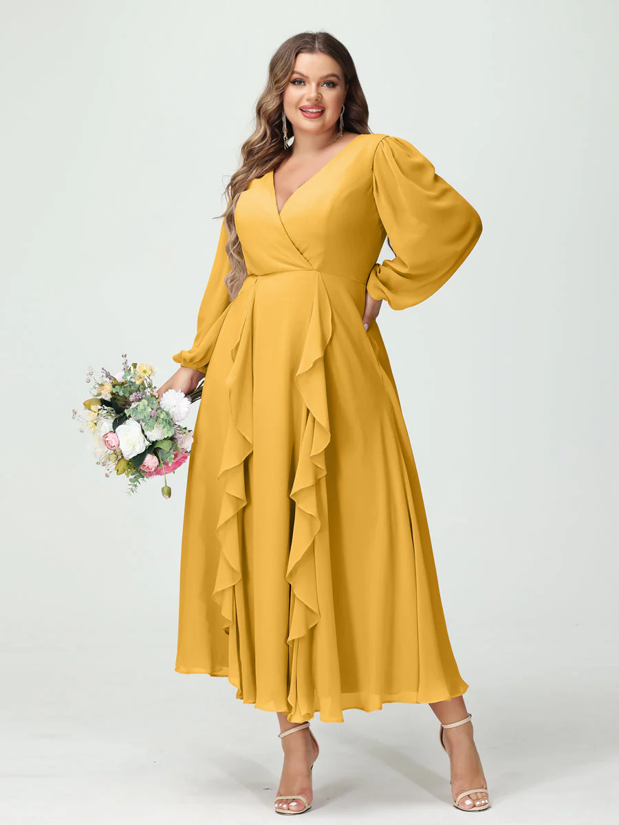 A-Line/Princess V-Neck Long Sleeves Chiffon Tea-Length Ruffles Plus Size Bridesmaid Dresses with Pockets - Image 70