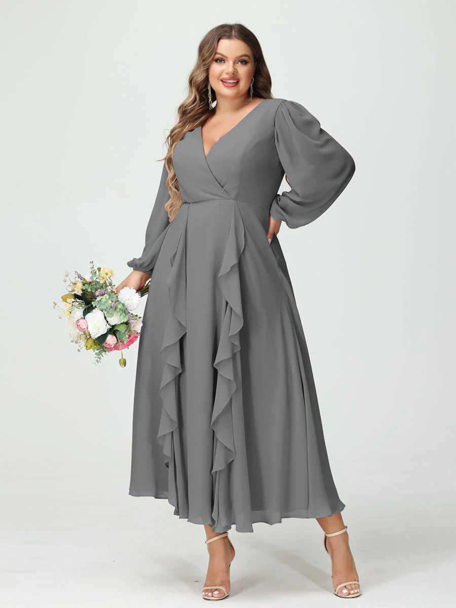 A-Line/Princess V-Neck Long Sleeves Chiffon Tea-Length Ruffles Plus Size Bridesmaid Dresses with Pockets - Image 75