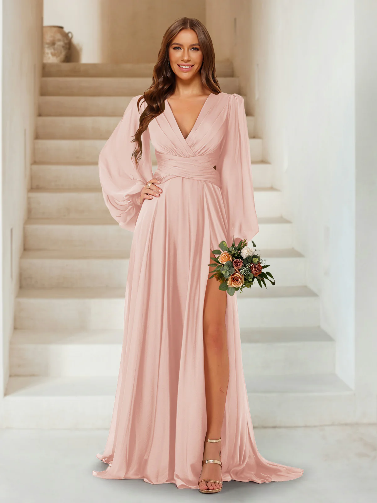 A-Line/Princess V-Neck Long Sleeves Floor Length Bridesmaid Dresses with Split Side - Image 25