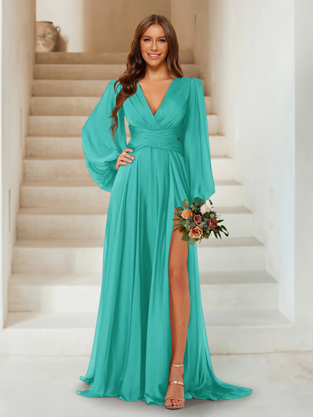 A-Line/Princess V-Neck Long Sleeves Floor Length Bridesmaid Dresses with Split Side - Image 59