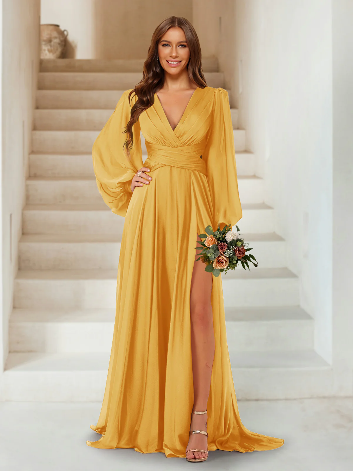 A-Line/Princess V-Neck Long Sleeves Floor Length Bridesmaid Dresses with Split Side - Image 66