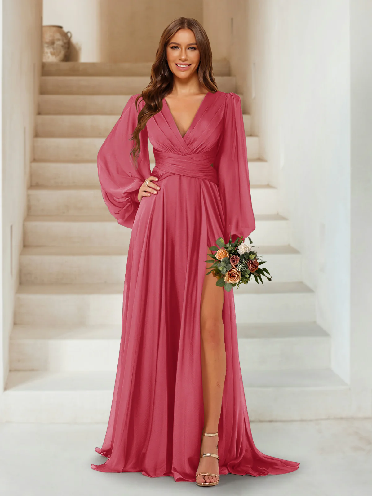A-Line/Princess V-Neck Long Sleeves Floor Length Bridesmaid Dresses with Split Side - Image 73