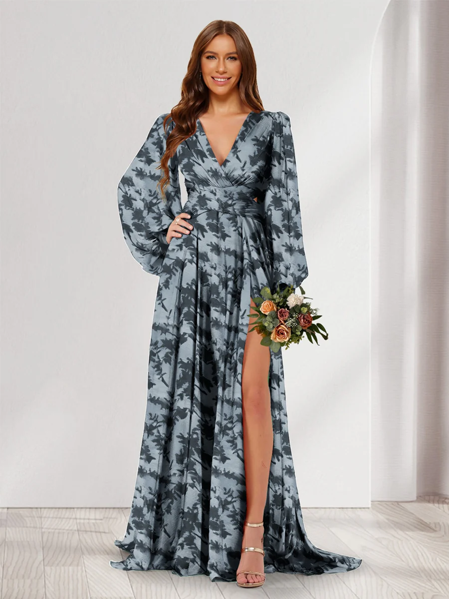 A-Line/Princess V-Neck Long Sleeves Floor Length Bridesmaid Dresses with Split Side - Image 7
