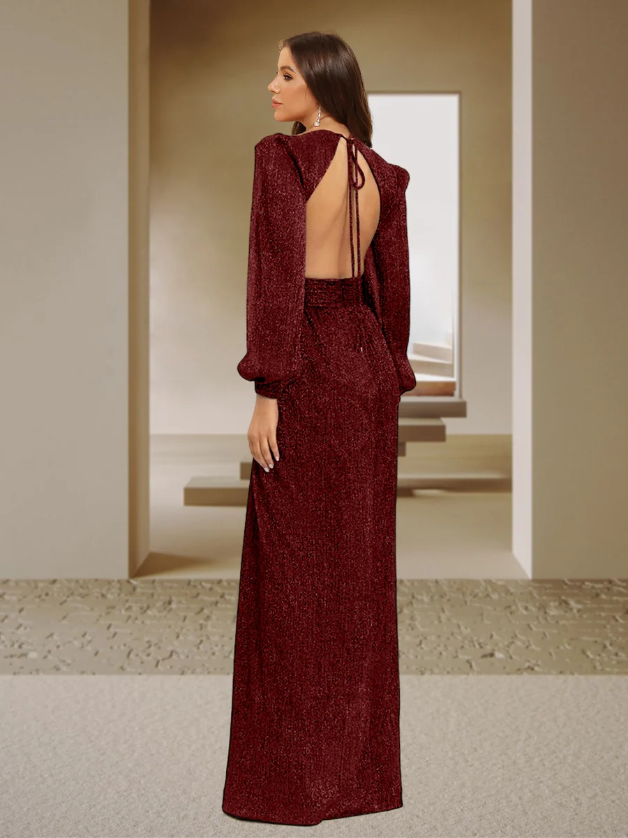 A-Line/Princess V-Neck Long Sleeves Floor-Length Evening Dresses with Split Side - Image 2