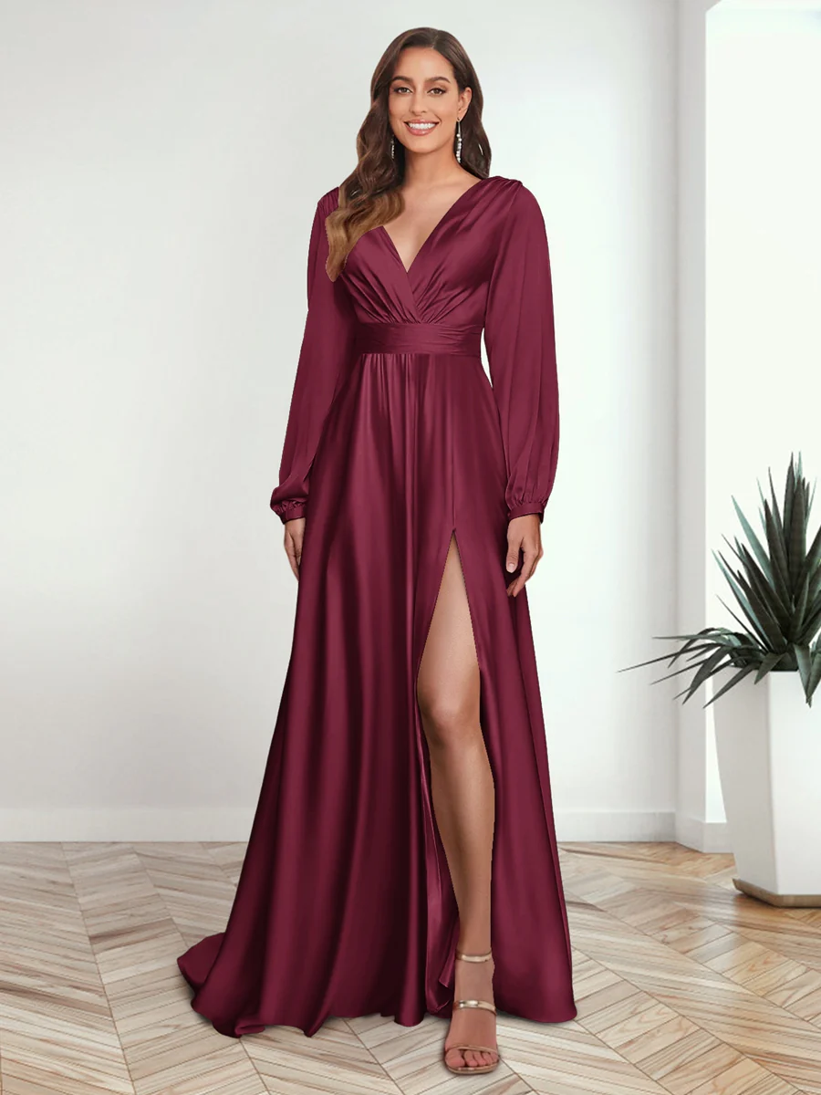 A-Line/Princess V-Neck Long Sleeves FLoor-Length Formal Dresses with Split Side - Image 12