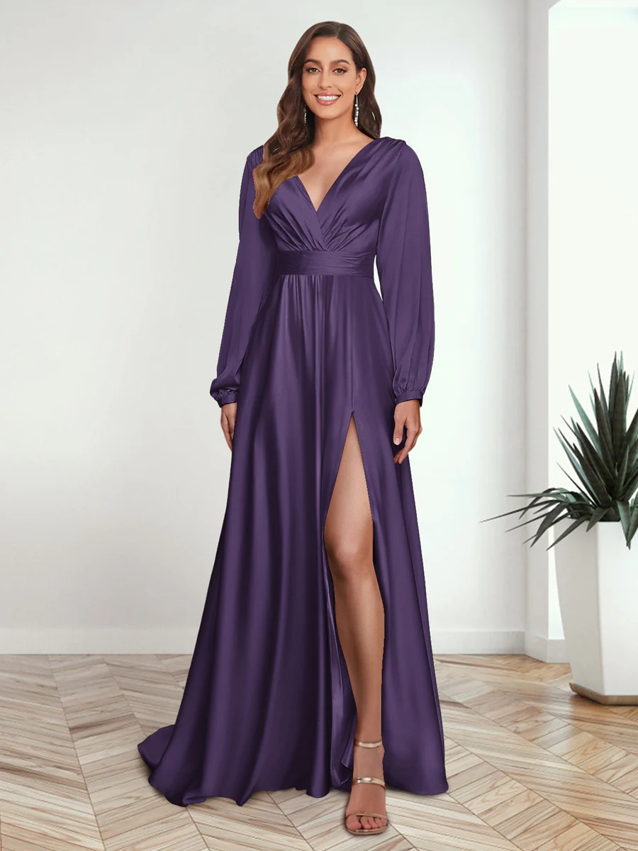 A-Line/Princess V-Neck Long Sleeves FLoor-Length Formal Dresses with Split Side - Image 22