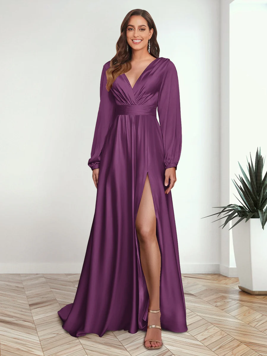 A-Line/Princess V-Neck Long Sleeves FLoor-Length Formal Dresses with Split Side - Image 34
