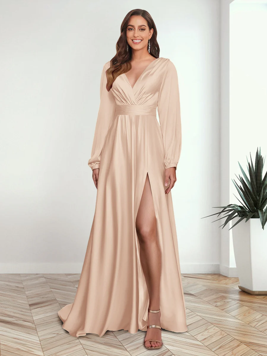 A-Line/Princess V-Neck Long Sleeves FLoor-Length Formal Dresses with Split Side - Image 35