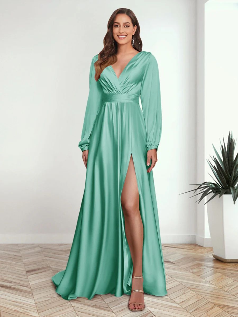 A-Line/Princess V-Neck Long Sleeves FLoor-Length Formal Dresses with Split Side - Image 47