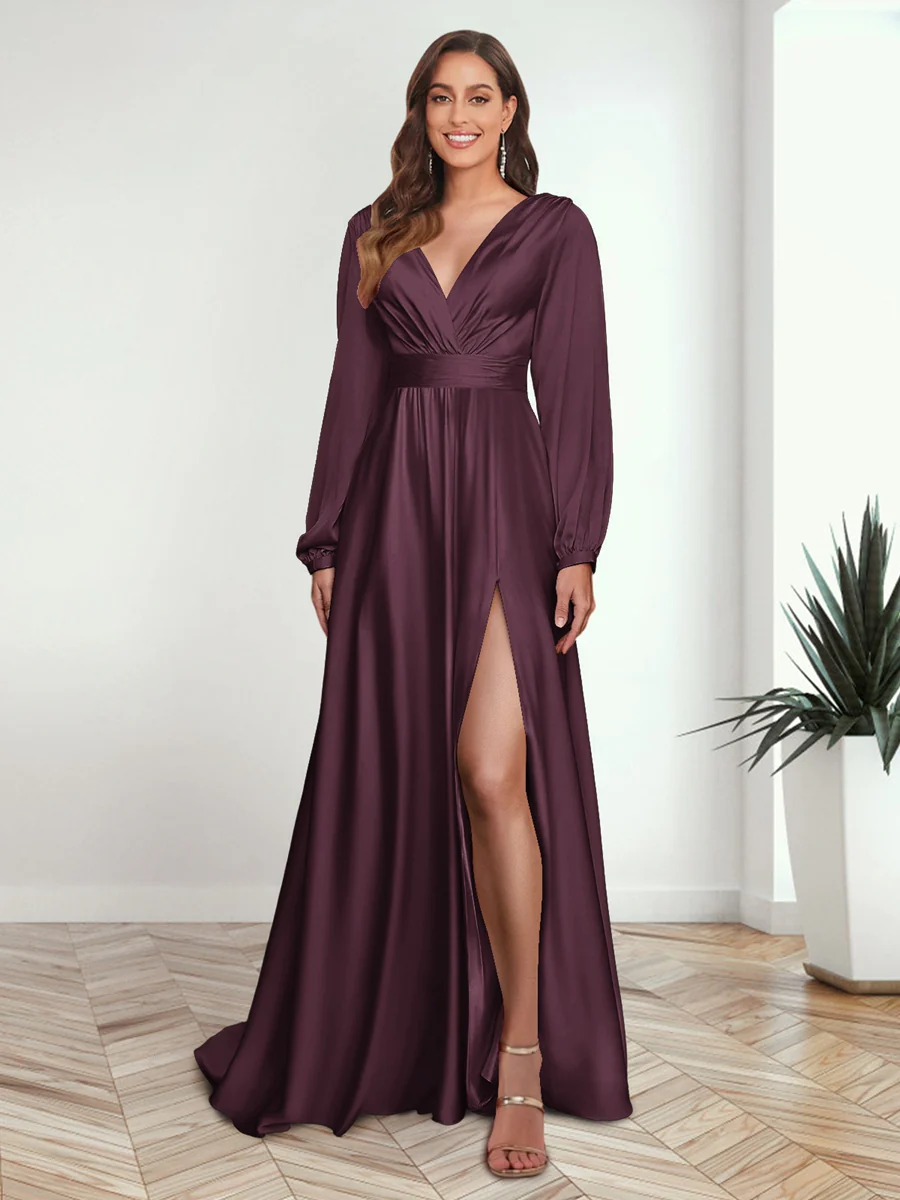 A-Line/Princess V-Neck Long Sleeves FLoor-Length Formal Dresses with Split Side - Image 6