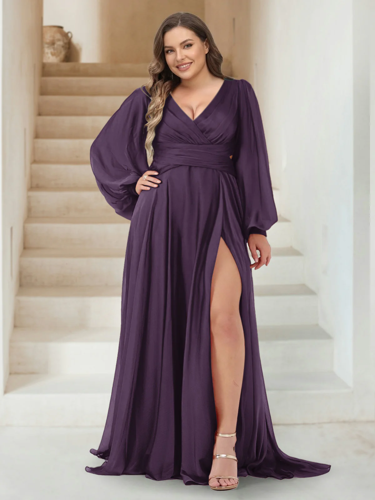 A-Line/Princess V-Neck Long Sleeves Floor Length Plus Size Bridesmaid Dresses with Split Side - Image 53