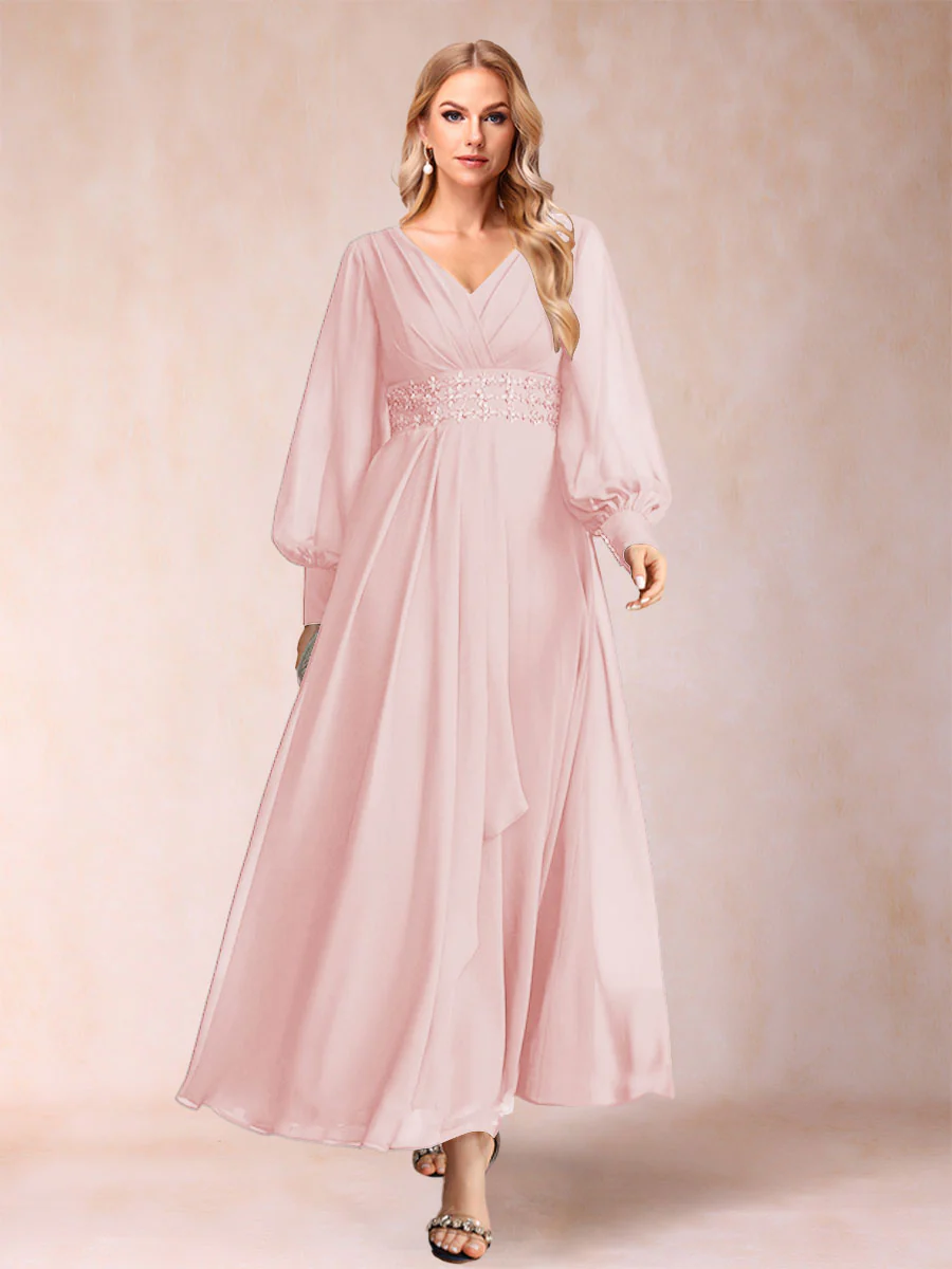 A-Line/Princess V-Neck Long Sleeves Mother of the Bride Dresses with Rhinestone & Ruffles - Image 11