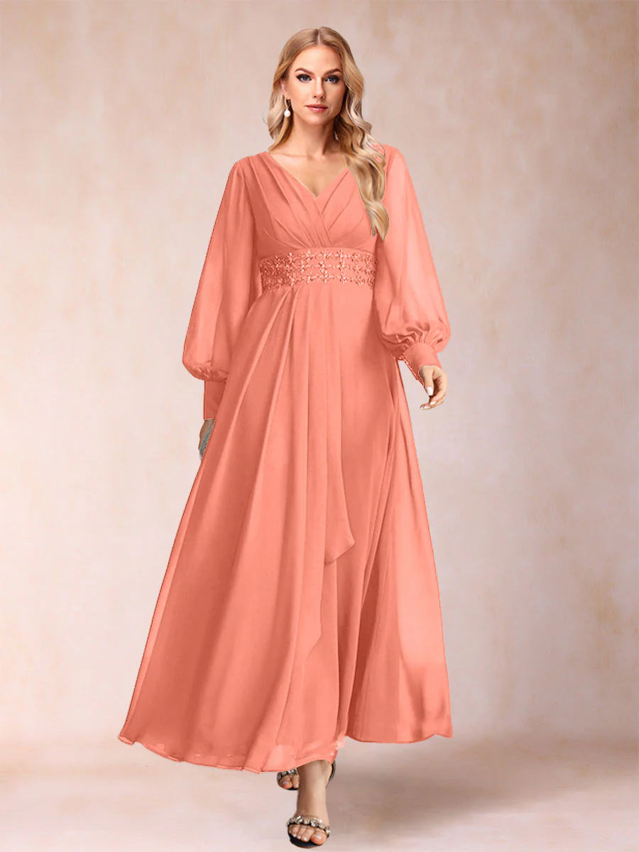 A-Line/Princess V-Neck Long Sleeves Mother of the Bride Dresses with Rhinestone & Ruffles - Image 17