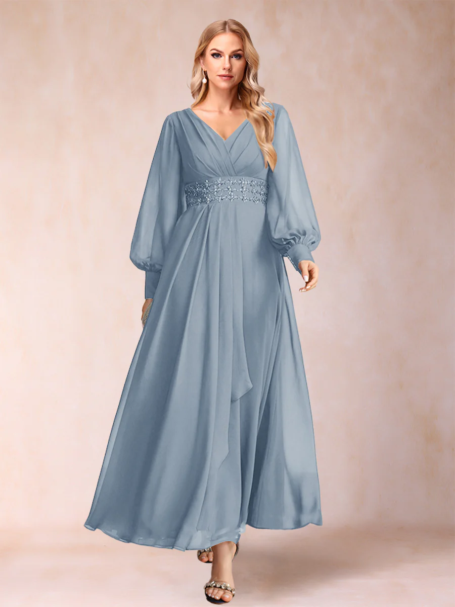 A-Line/Princess V-Neck Long Sleeves Mother of the Bride Dresses with Rhinestone & Ruffles - Image 31