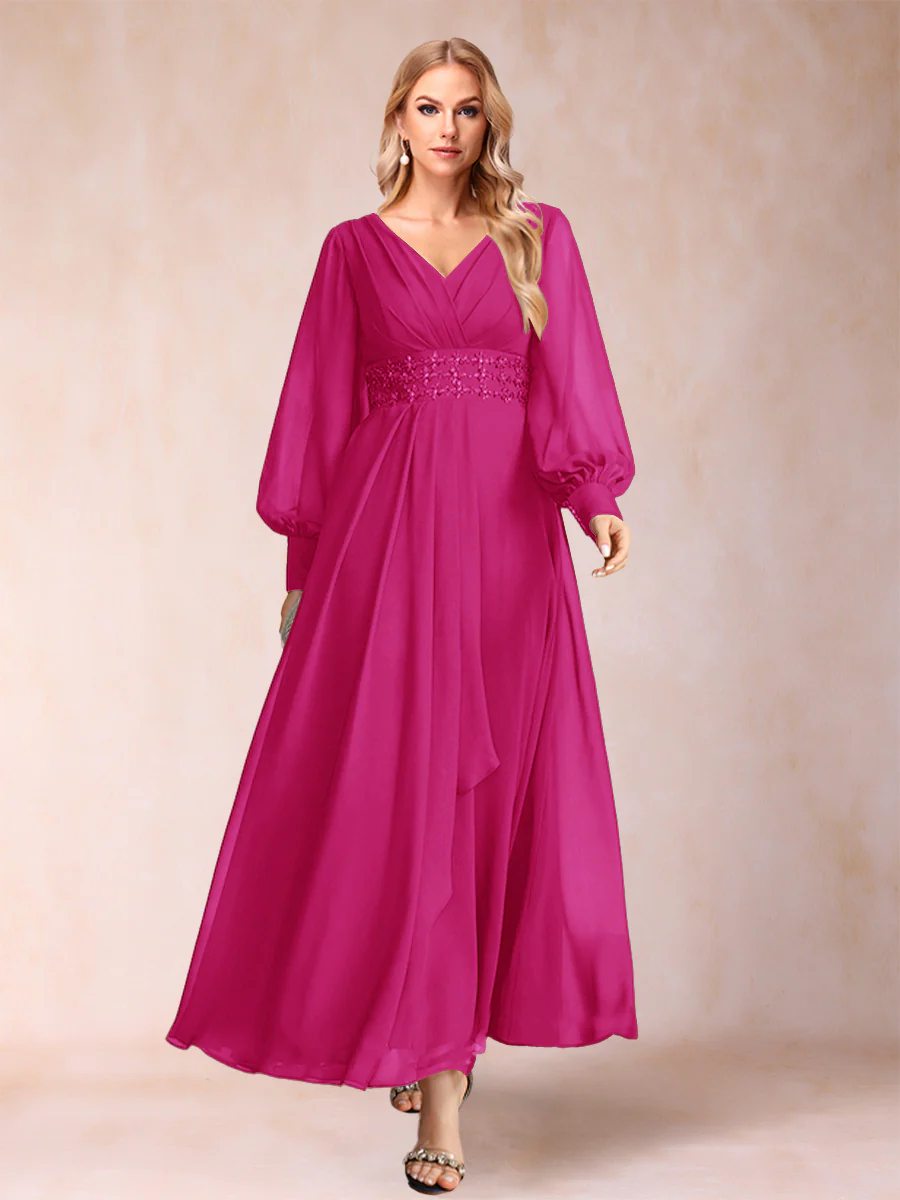 A-Line/Princess V-Neck Long Sleeves Mother of the Bride Dresses with Rhinestone & Ruffles - Image 37