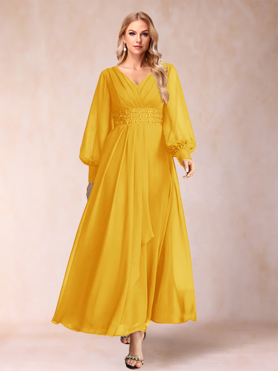 A-Line/Princess V-Neck Long Sleeves Mother of the Bride Dresses with Rhinestone & Ruffles - Image 38