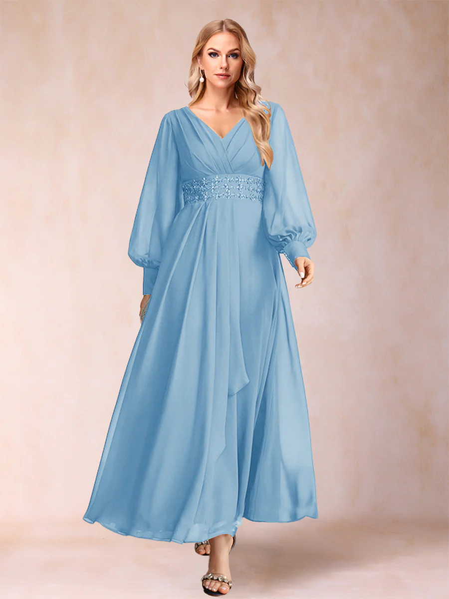 A-Line/Princess V-Neck Long Sleeves Mother of the Bride Dresses with Rhinestone & Ruffles - Image 67