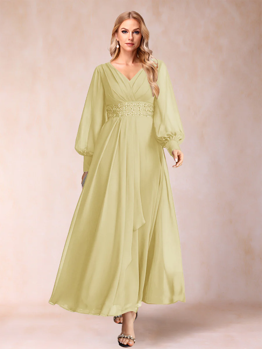 A-Line/Princess V-Neck Long Sleeves Mother of the Bride Dresses with Rhinestone & Ruffles - Image 76
