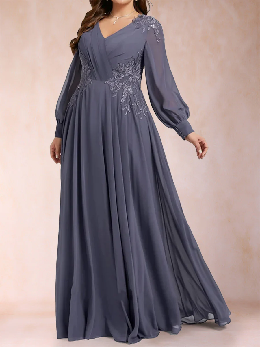A-Line/Princess V-Neck Long Sleeves Plus Size Mother of the Bride Dresses with Applique - Image 3