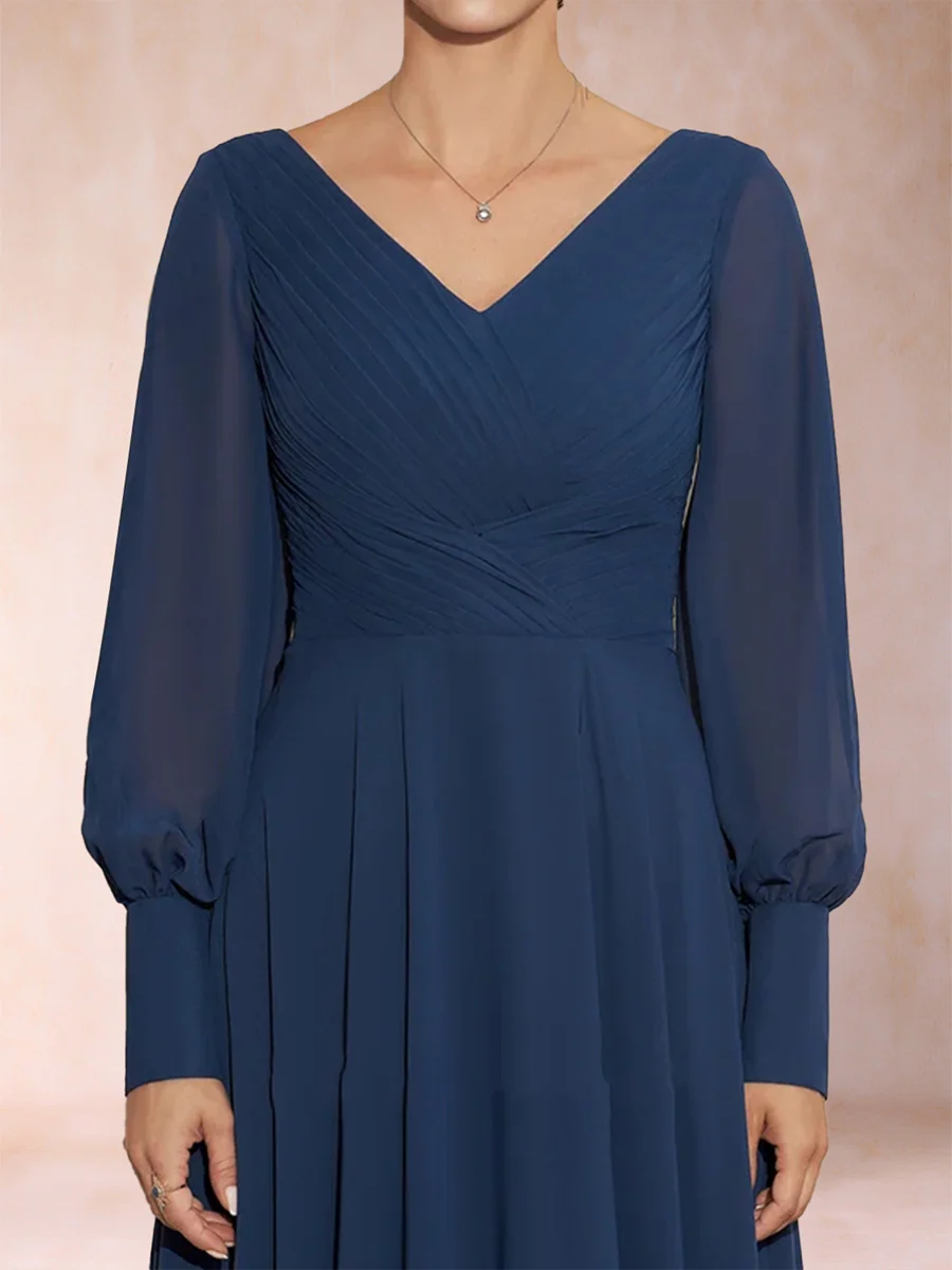 A-Line/Princess V-Neck Long Sleeves Ruched Mother of the Bride Dresses - Image 4
