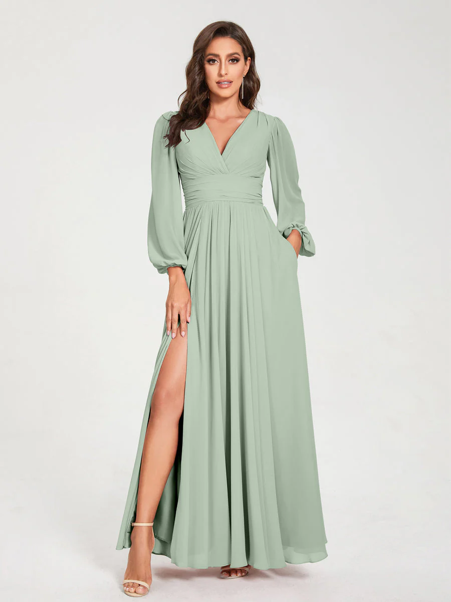 A-Line/Princess V-Neck Long Sleeves Split Side With Pockets Bridesmaid Dresses - Image 11