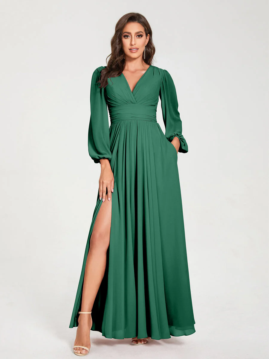A-Line/Princess V-Neck Long Sleeves Split Side With Pockets Bridesmaid Dresses - Image 12