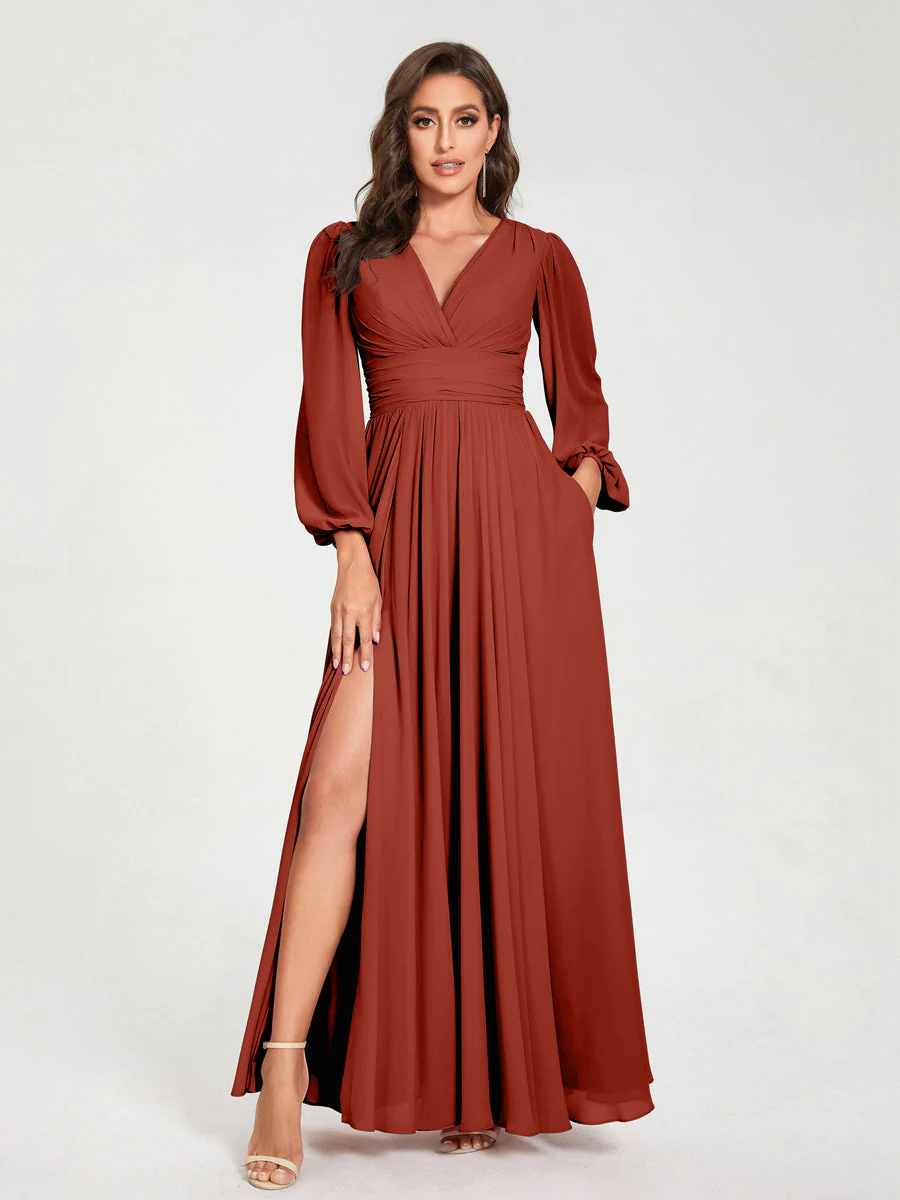 A-Line/Princess V-Neck Long Sleeves Split Side With Pockets Bridesmaid Dresses - Image 14