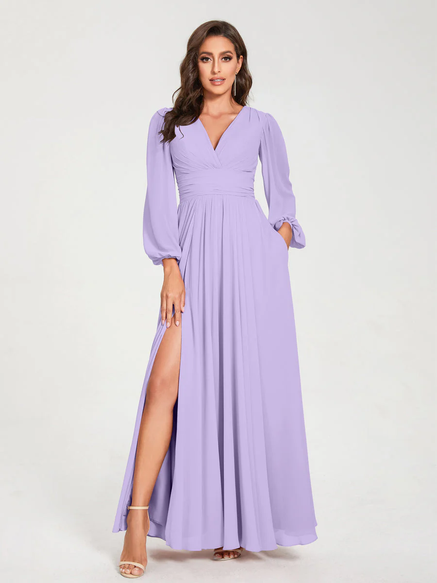 A-Line/Princess V-Neck Long Sleeves Split Side With Pockets Bridesmaid Dresses - Image 15