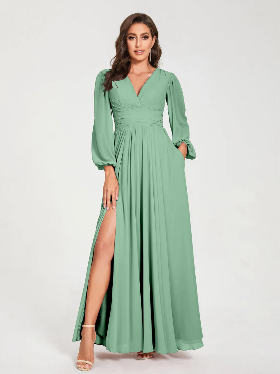 A-Line/Princess V-Neck Long Sleeves Split Side With Pockets Bridesmaid Dresses - Image 18