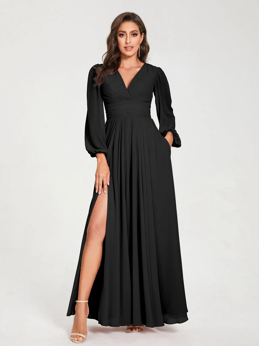 A-Line/Princess V-Neck Long Sleeves Split Side With Pockets Bridesmaid Dresses - Image 19