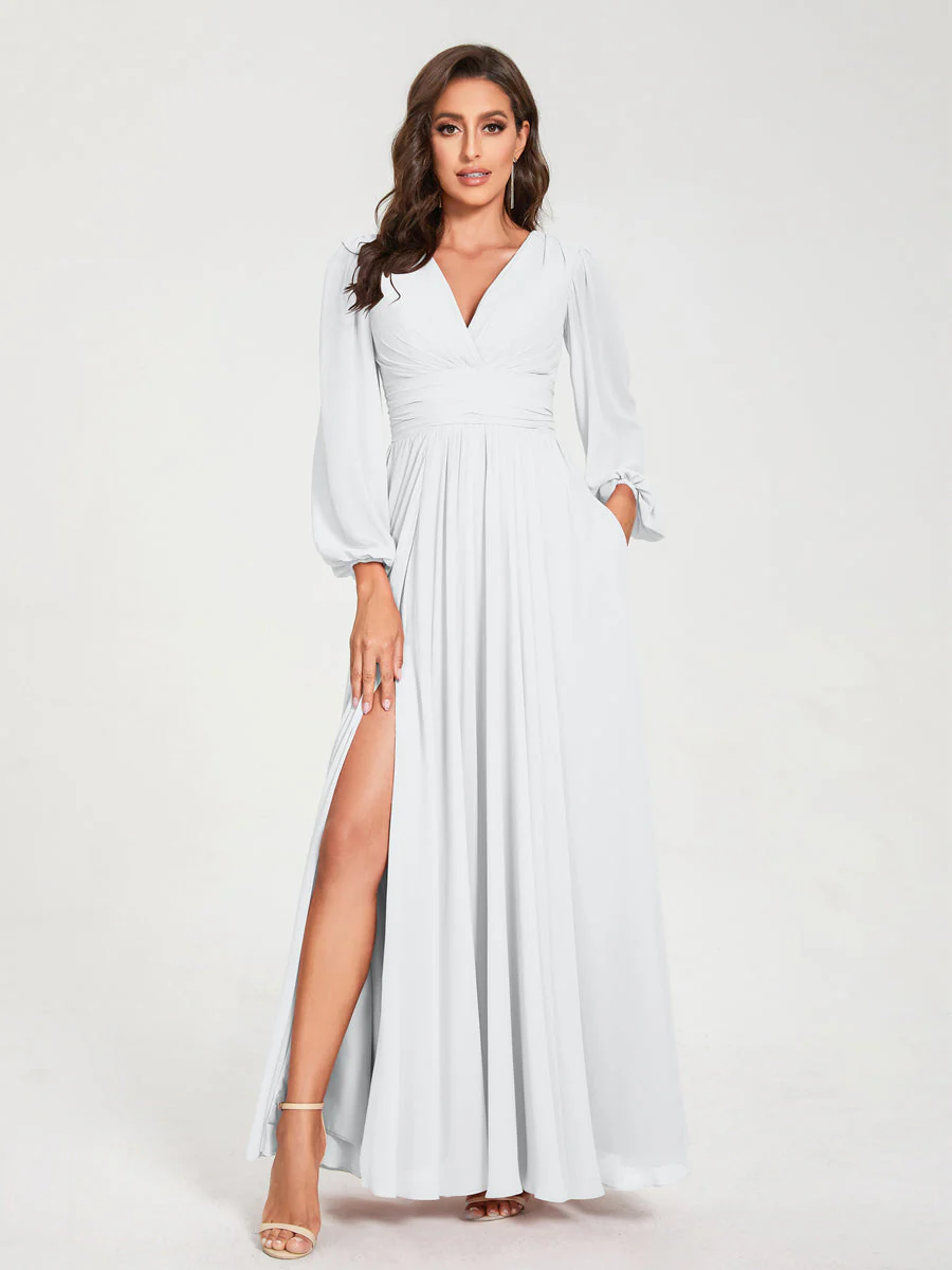 A-Line/Princess V-Neck Long Sleeves Split Side With Pockets Bridesmaid Dresses - Image 20