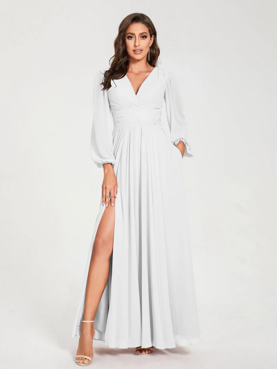 A-Line/Princess V-Neck Long Sleeves Split Side With Pockets Bridesmaid Dresses - Image 21