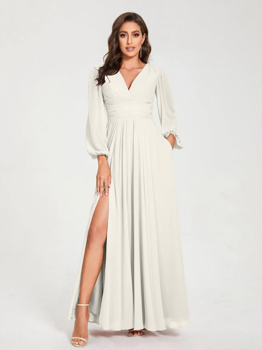 A-Line/Princess V-Neck Long Sleeves Split Side With Pockets Bridesmaid Dresses - Image 22