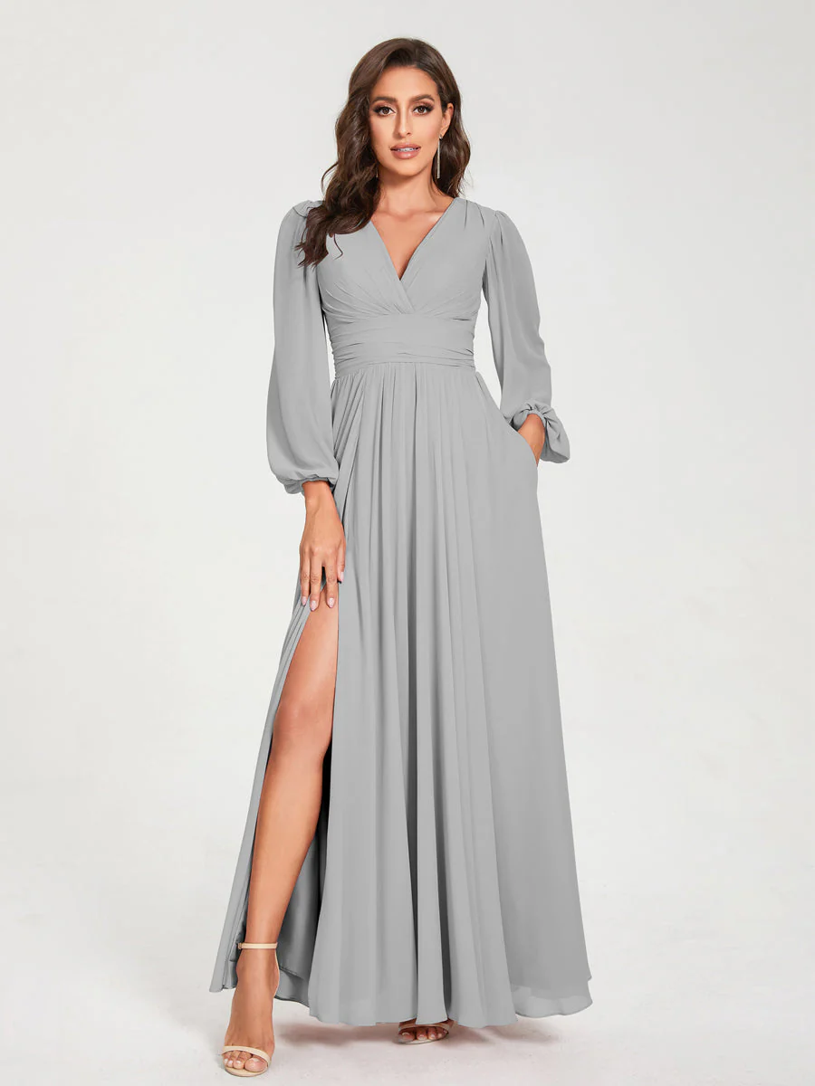 A-Line/Princess V-Neck Long Sleeves Split Side With Pockets Bridesmaid Dresses - Image 23