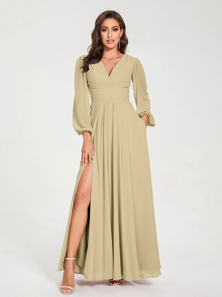 A-Line/Princess V-Neck Long Sleeves Split Side With Pockets Bridesmaid Dresses - Image 25