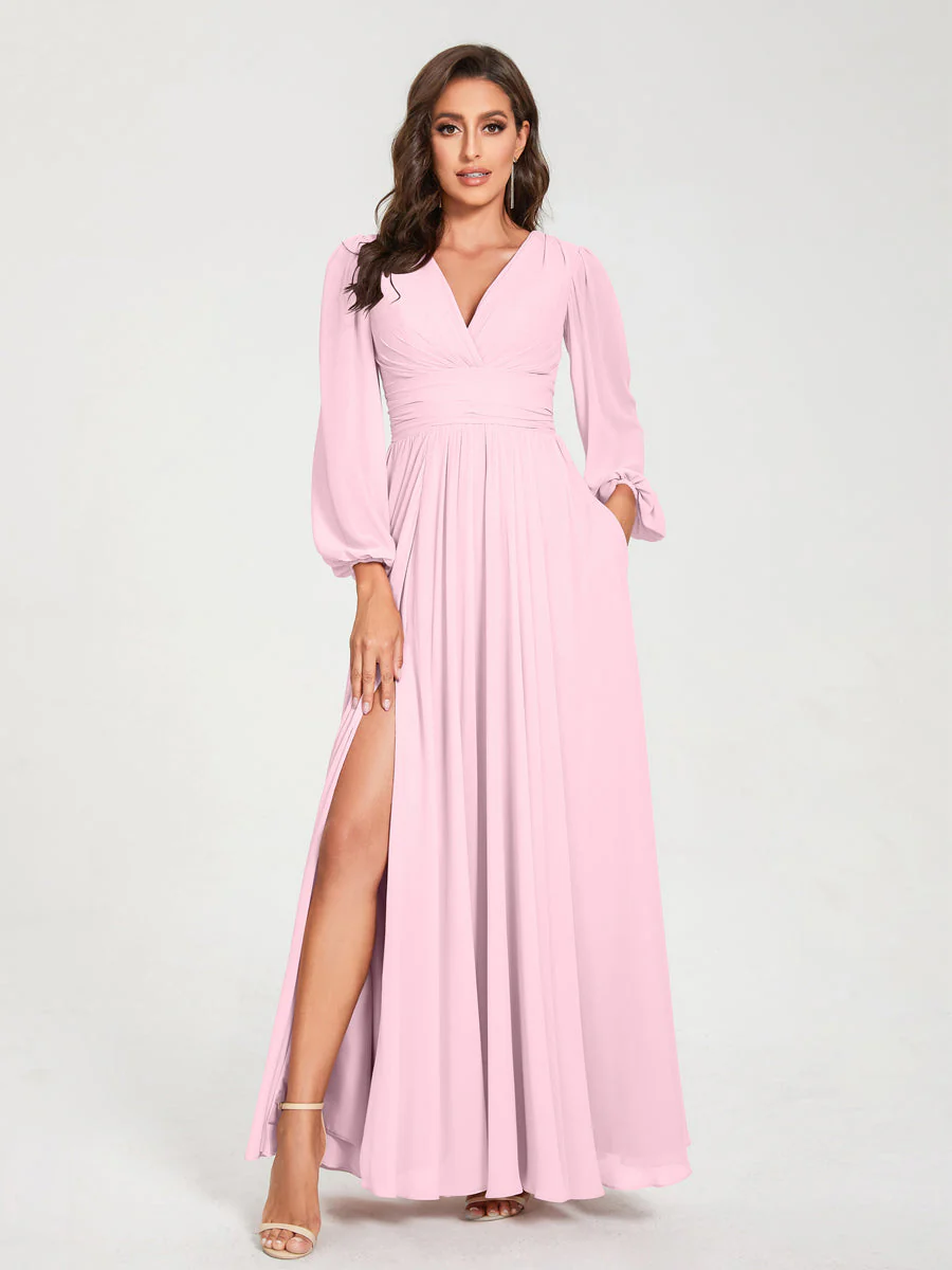 A-Line/Princess V-Neck Long Sleeves Split Side With Pockets Bridesmaid Dresses - Image 26
