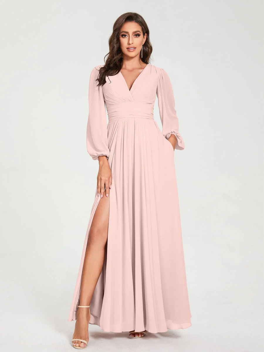 A-Line/Princess V-Neck Long Sleeves Split Side With Pockets Bridesmaid Dresses - Image 27